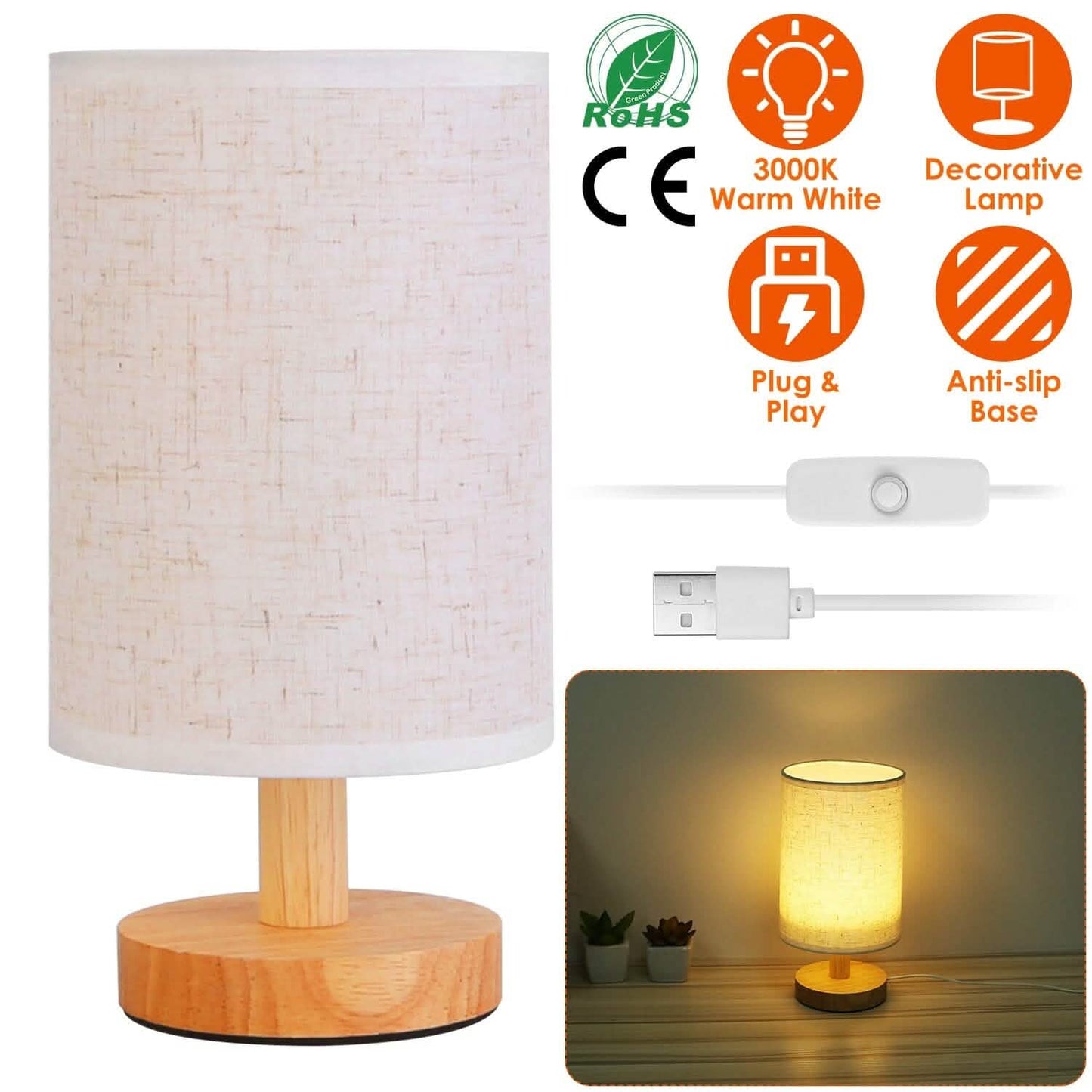 Warm White Nightstand Lamp USB Plug Modern Lantern