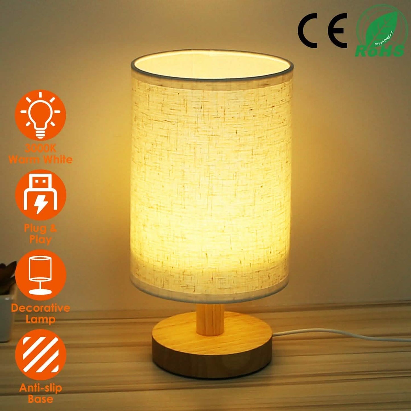 Warm White Nightstand Lamp USB Plug Modern Lantern