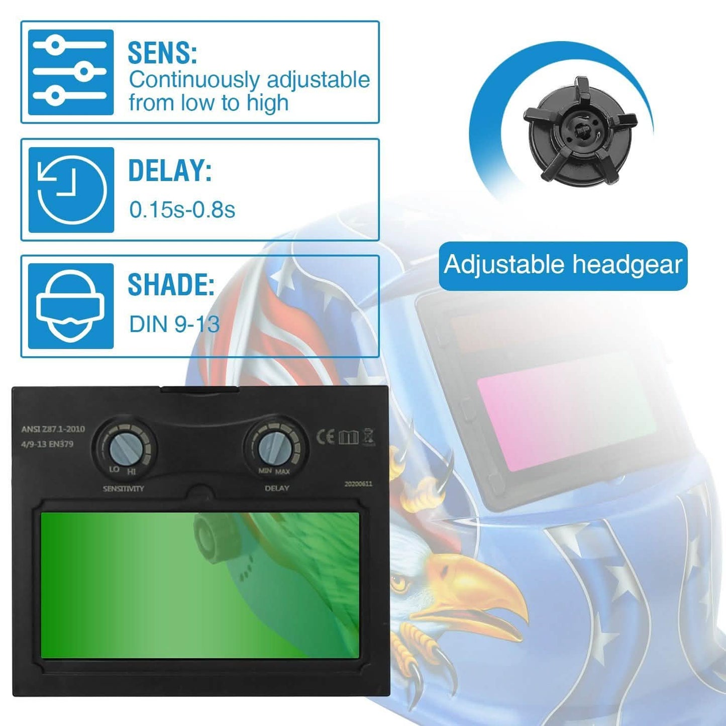 Welding Helmet Solar Powered Auto Darkening Hood with Adjustable Wide Shade