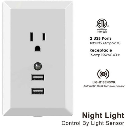 White Light Sensor Dual USB Wall Outlet