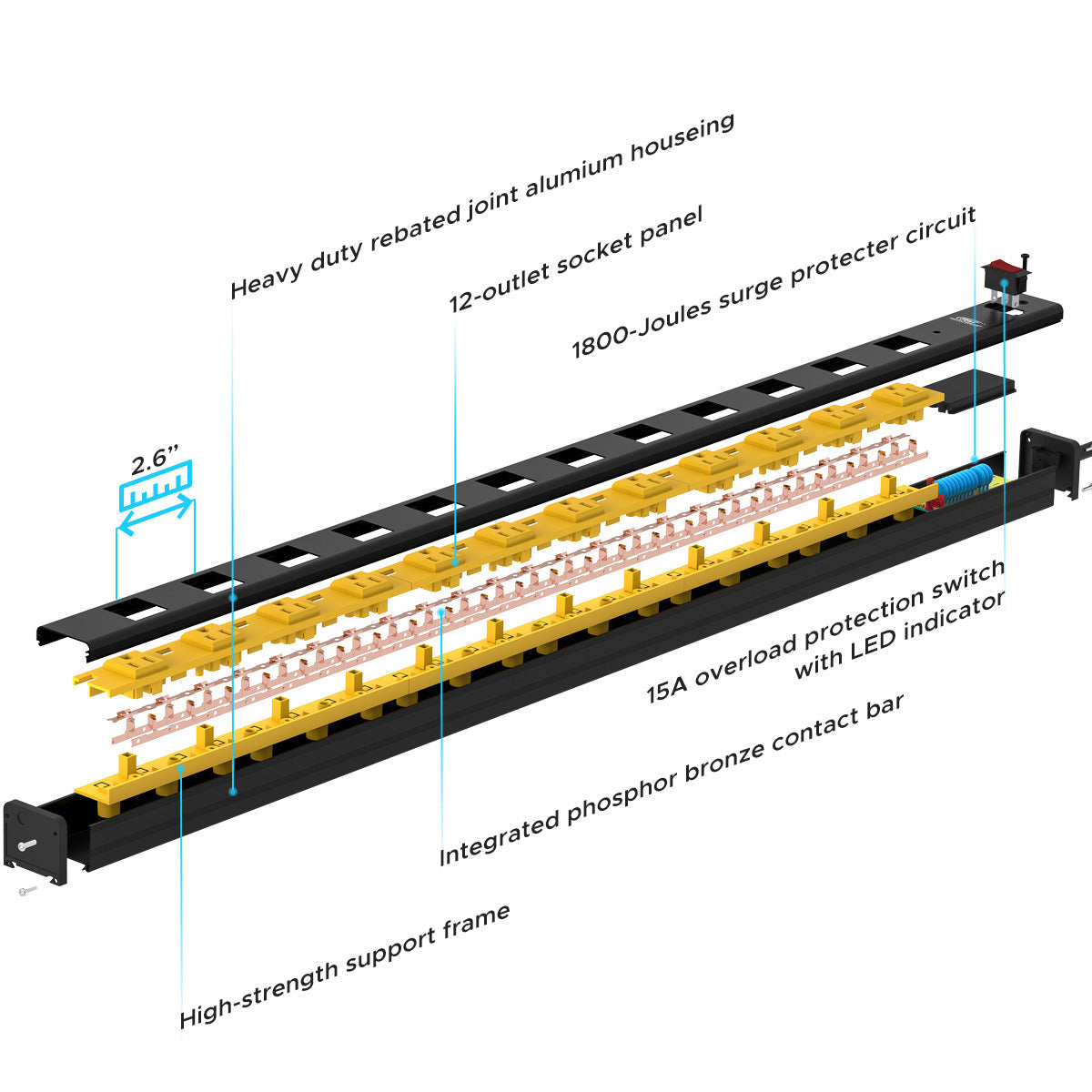CRST 12-Outlet Metal Power Strip Surge Protector — 1800J, 2.6" Wide Outlets, Mountable