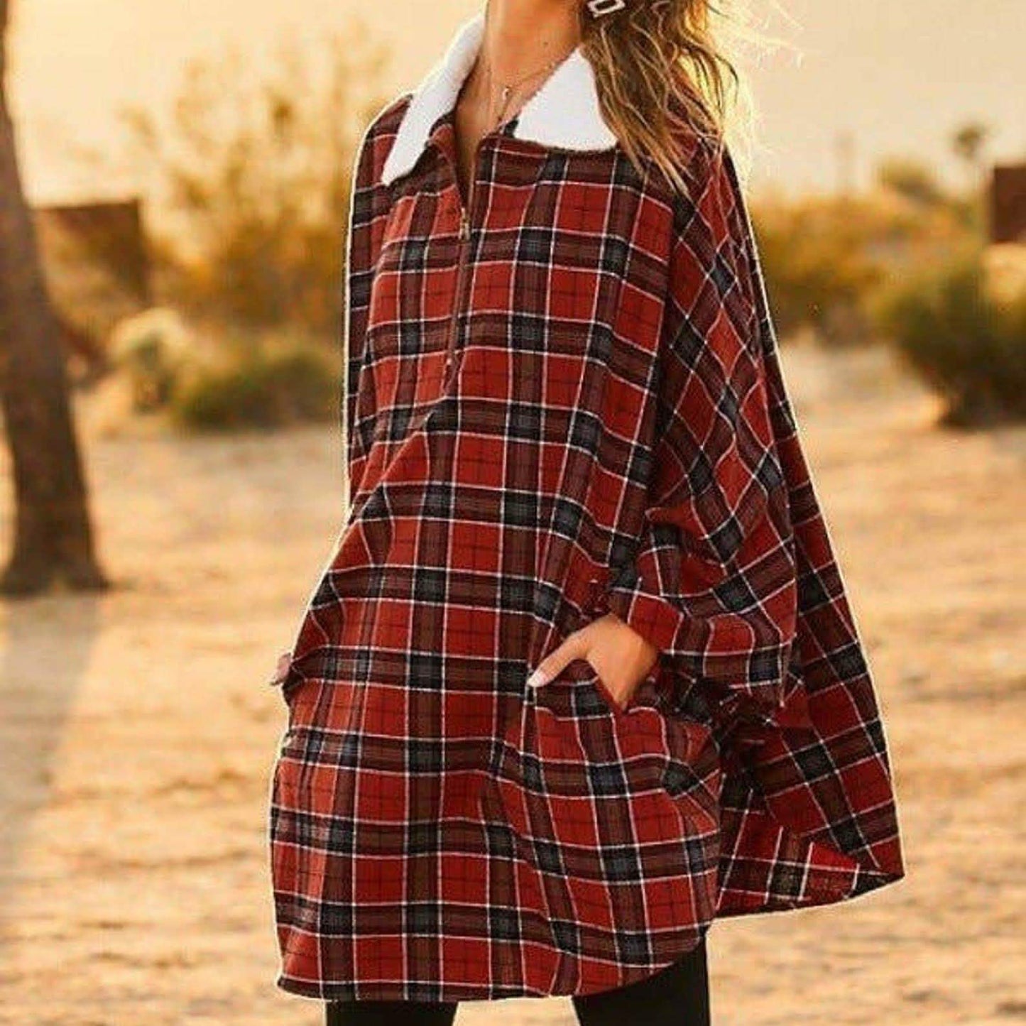 Winter Pocket Plaid Poncho