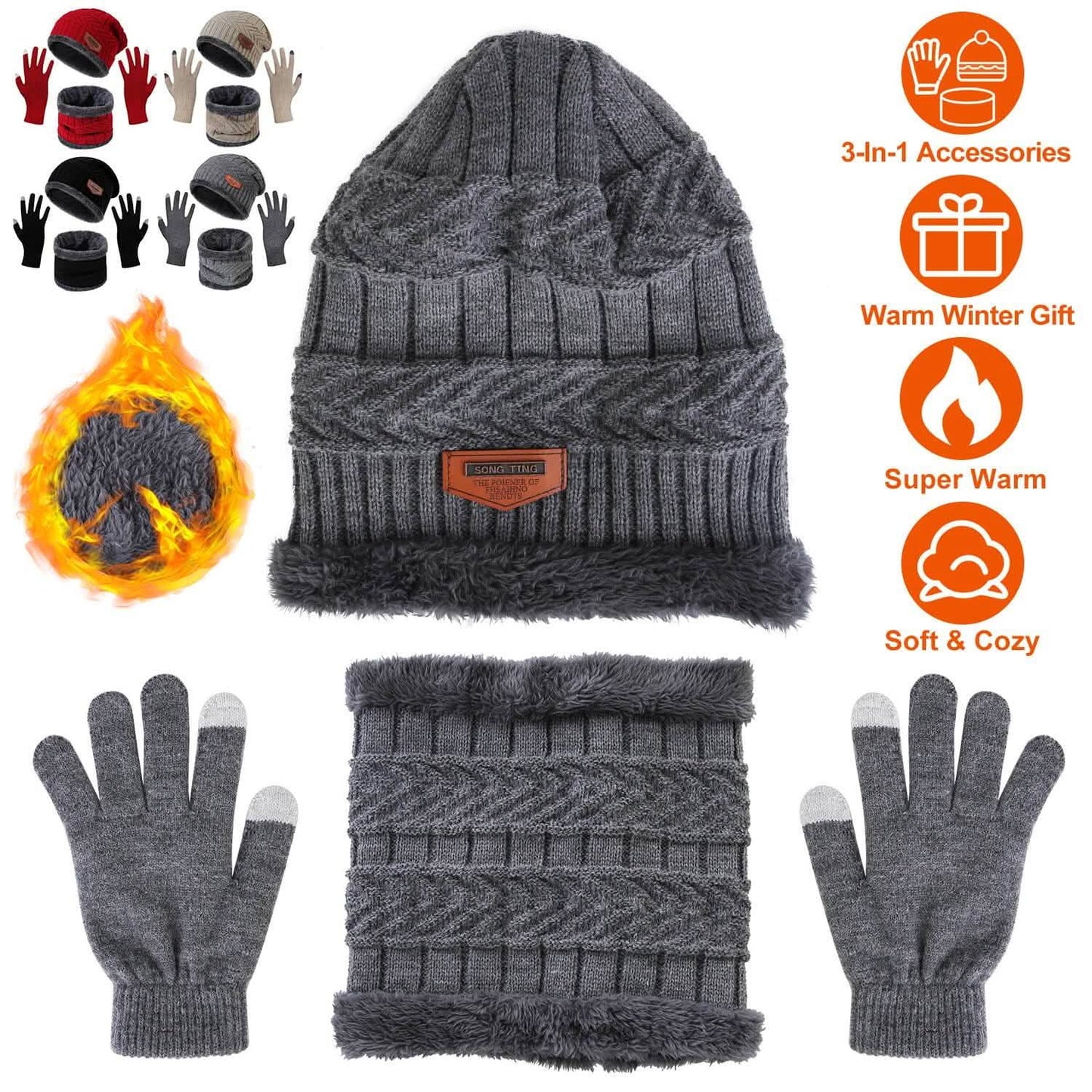 Winter Warm Beanie and Touch Screen Gloves Scarfs Set