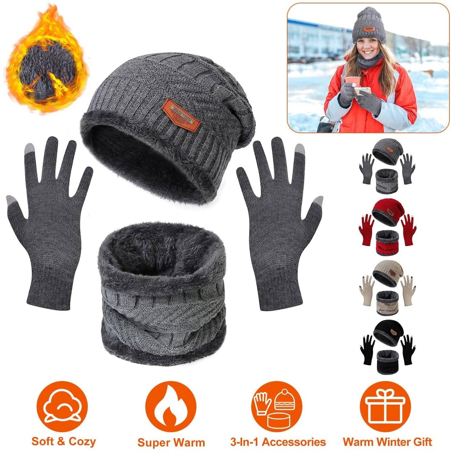 Winter Warm Beanie and Touch Screen Gloves Scarfs Set