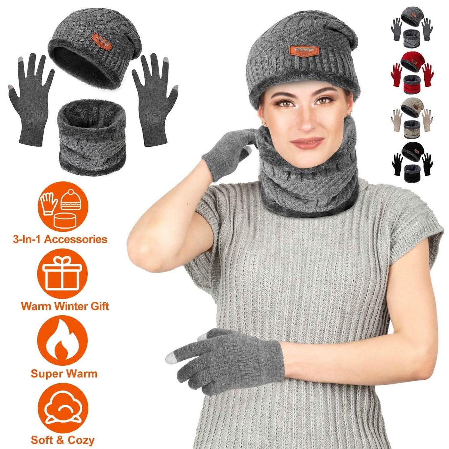 Winter Warm Beanie and Touch Screen Gloves Scarfs Set