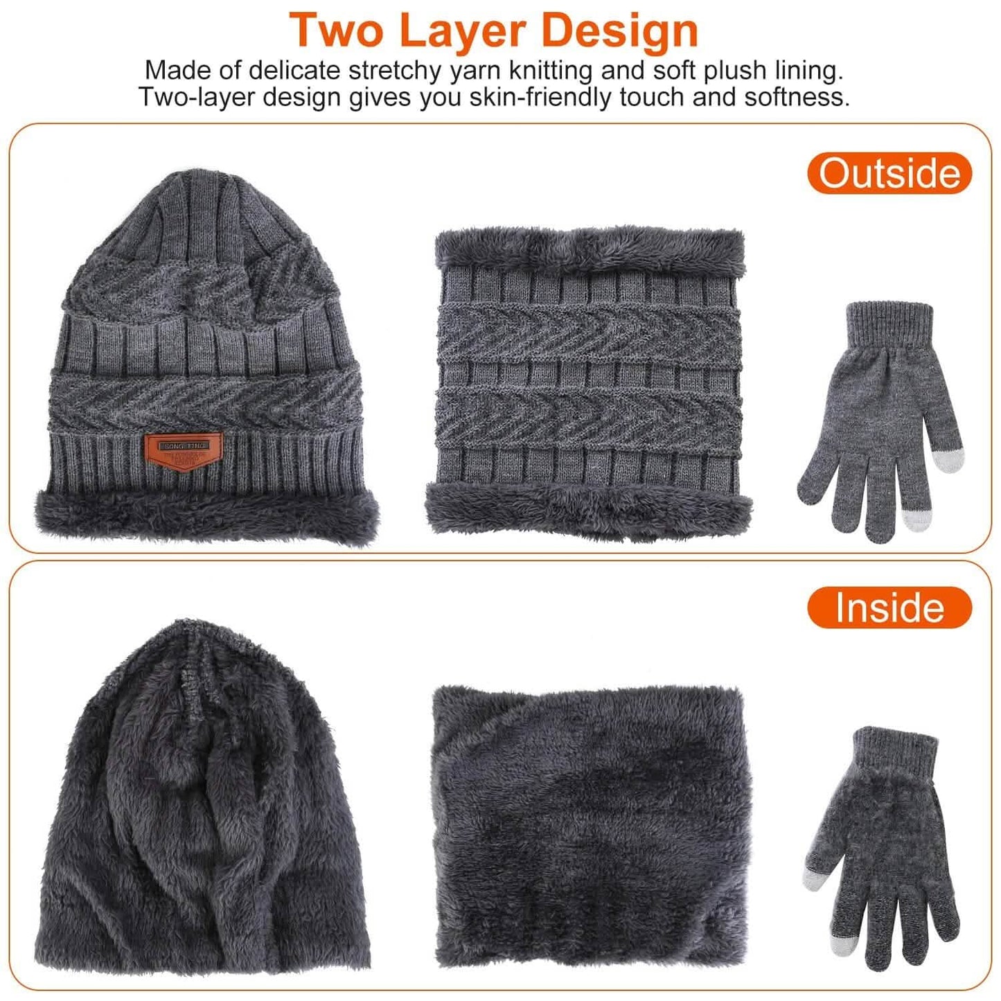 Winter Warm Beanie and Touch Screen Gloves Scarfs Set
