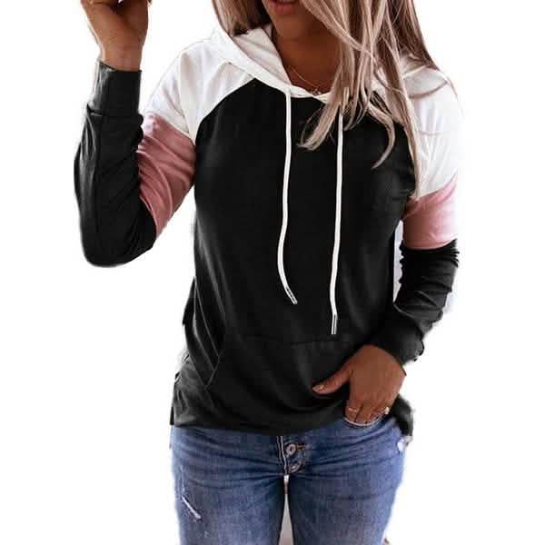 Winter Women’s Fashion Casual Sweatshirts Long Sleeve Hooded Pullover Loose Block Color Pockets Sweatshirts