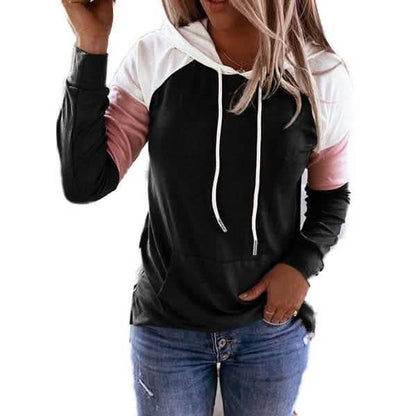 Winter Women’s Fashion Casual Sweatshirts Long Sleeve Hooded Pullover Loose Block Color Pockets Sweatshirts