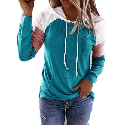 Winter Women’s Fashion Casual Sweatshirts Long Sleeve Hooded Pullover Loose Block Color Pockets Sweatshirts