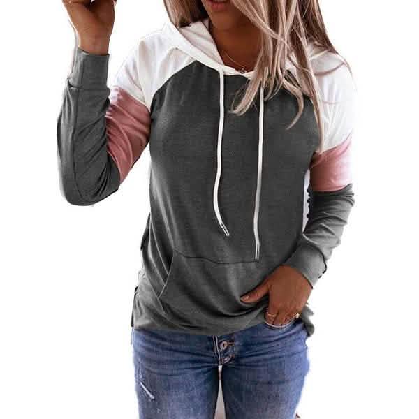 Winter Women’s Fashion Casual Sweatshirts Long Sleeve Hooded Pullover Loose Block Color Pockets Sweatshirts