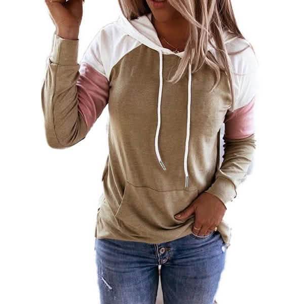 Winter Women’s Fashion Casual Sweatshirts Long Sleeve Hooded Pullover Loose Block Color Pockets Sweatshirts