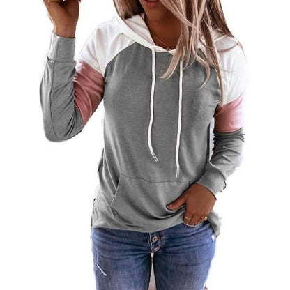 Winter Women’s Fashion Casual Sweatshirts Long Sleeve Hooded Pullover Loose Block Color Pockets Sweatshirts