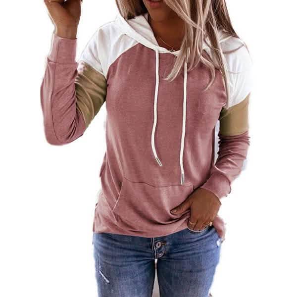Winter Women’s Fashion Casual Sweatshirts Long Sleeve Hooded Pullover Loose Block Color Pockets Sweatshirts