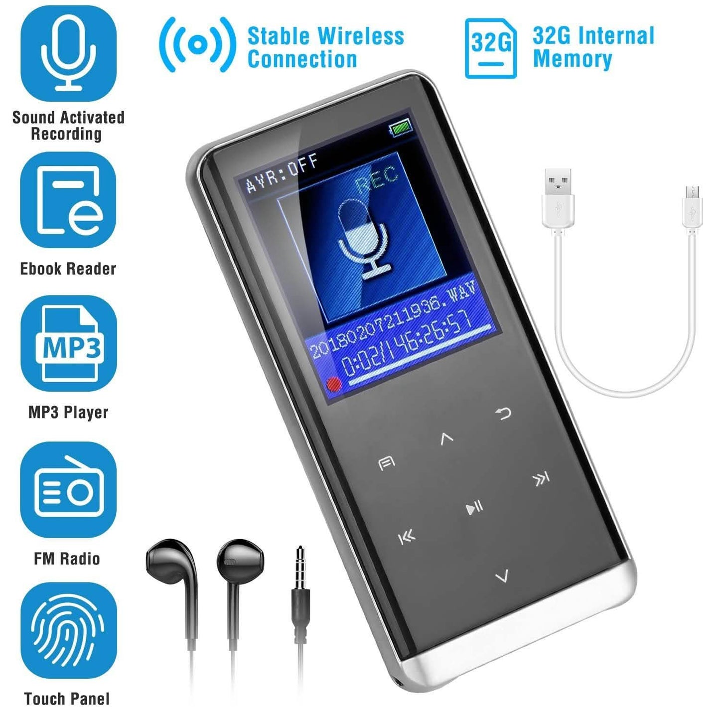 Wireless MP3 Player with Voice Recorder 32G Digital Music HiFi