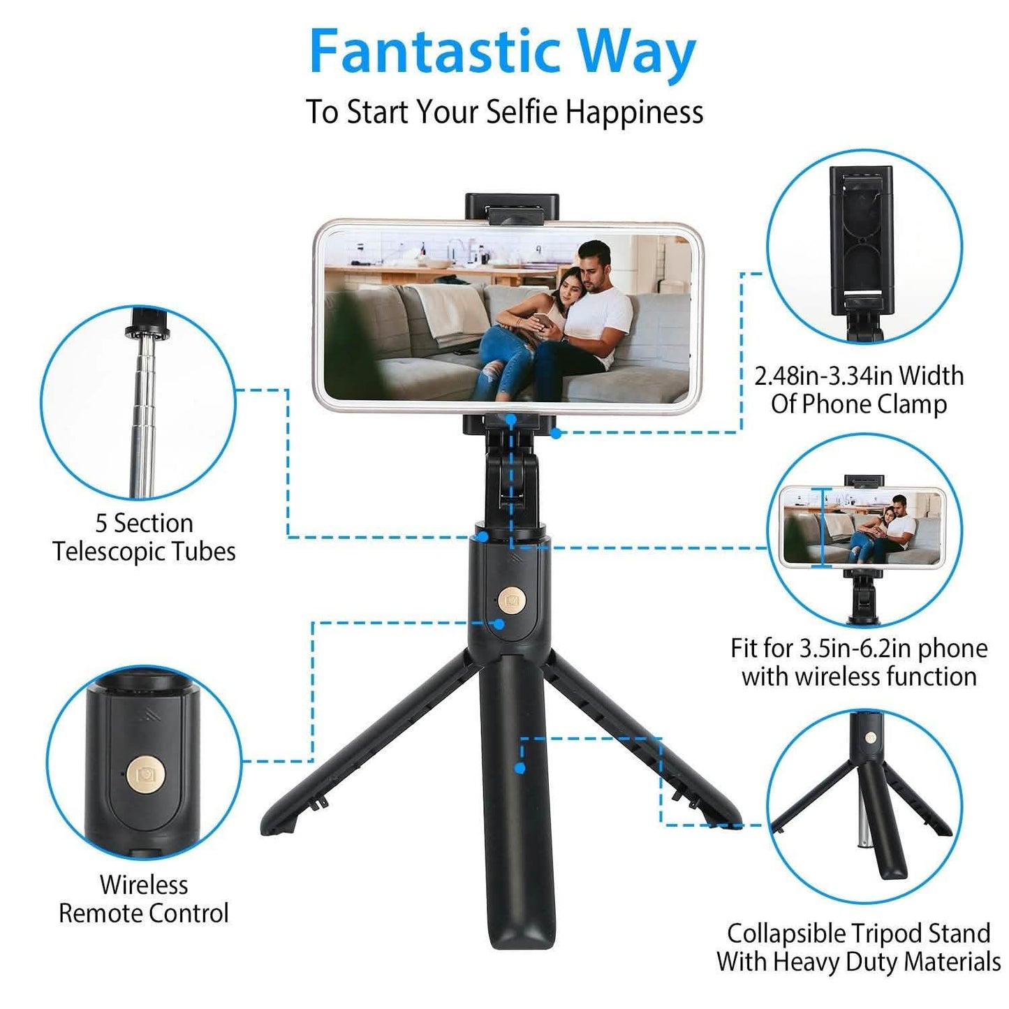 Wireless Selfie Stick Extendable Tripod with Detachable Remote Shutter for 3.5-6.2" Phone