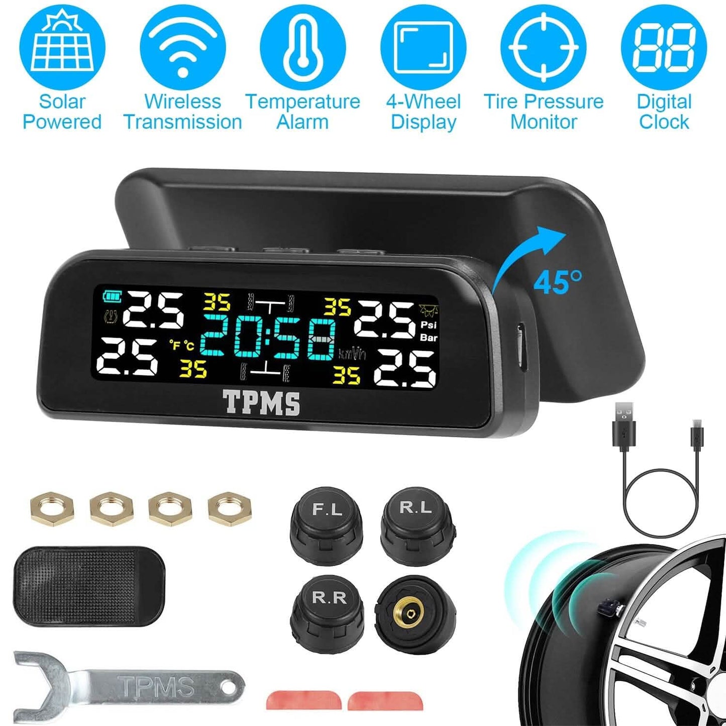Wireless Solar Car Tire Pressure Monitoring System Auto Tire Pressure with Sensors Temperature Alarm