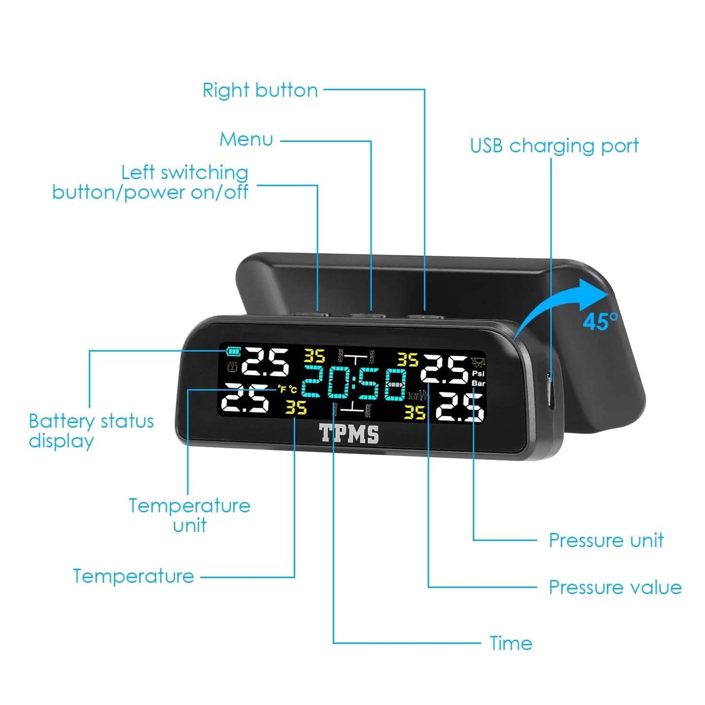 Wireless Solar Car Tire Pressure Monitoring System Auto Tire Pressure with Sensors Temperature Alarm