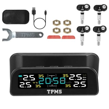 Wireless Solar Car Tire Pressure Monitoring System Auto Tire Pressure with Sensors Temperature Alarm