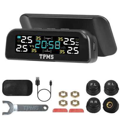 Wireless Solar Car Tire Pressure Monitoring System Auto Tire Pressure with Sensors Temperature Alarm