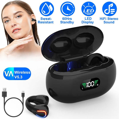 Wireless v5.3 Earbuds Clip-on Open TWS Earphones with Built-in Mic LED Charging Display Case