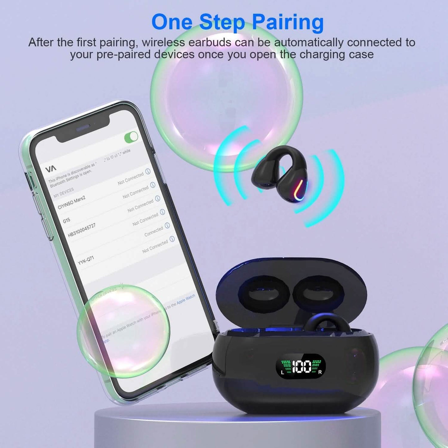 Wireless v5.3 Earbuds Clip-on Open TWS Earphones with Built-in Mic LED Charging Display Case