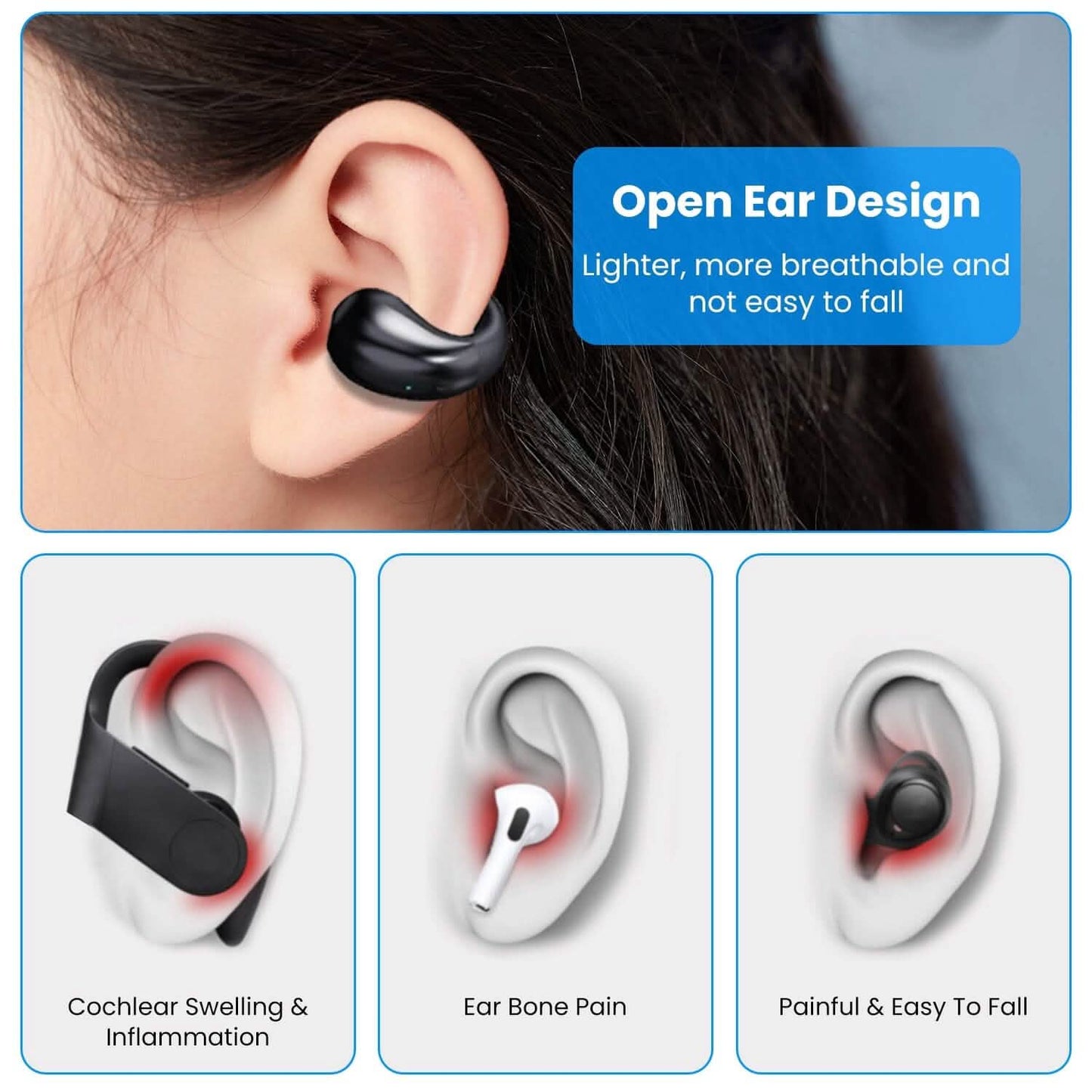 Wireless V5.3 Open Ear Clip Earbuds IPX3 Waterproof Ultra Open Earbuds with LED Display