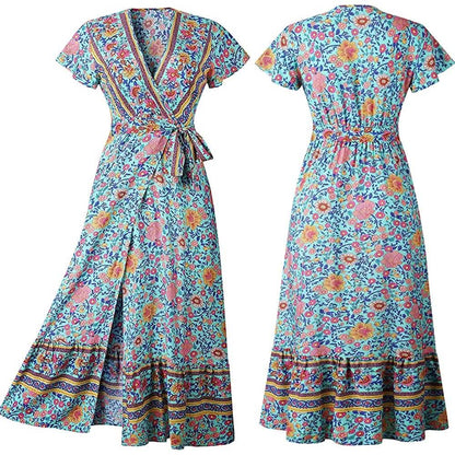 Women Boho Summer Side Split Deep V Neck Short Sleeves Maxi Dress with Belt