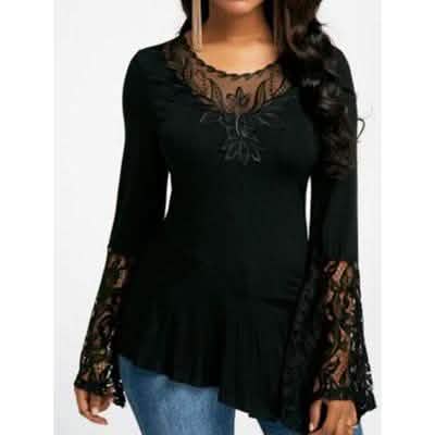 Women Casual Irregular T-shirt with Long-sleeved Lace Stitching Plus Size Shirts