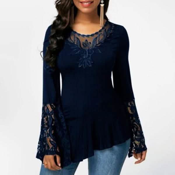 Women Casual Irregular T-shirt with Long-sleeved Lace Stitching Plus Size Shirts
