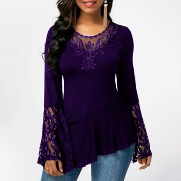 Women Casual Irregular T-shirt with Long-sleeved Lace Stitching Plus Size Shirts