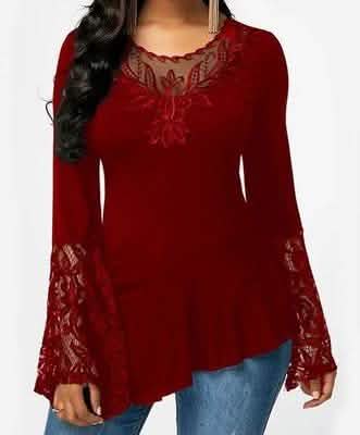 Women Casual Irregular T-shirt with Long-sleeved Lace Stitching Plus Size Shirts