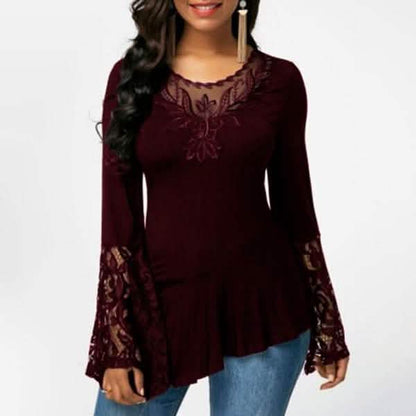 Women Casual Irregular T-shirt with Long-sleeved Lace Stitching Plus Size Shirts