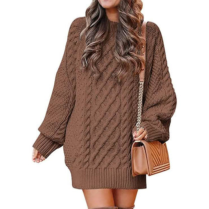 Women Crewneck Long Sleeve Oversized Cable Knit Chunky Pullover Short Sweater Dresses