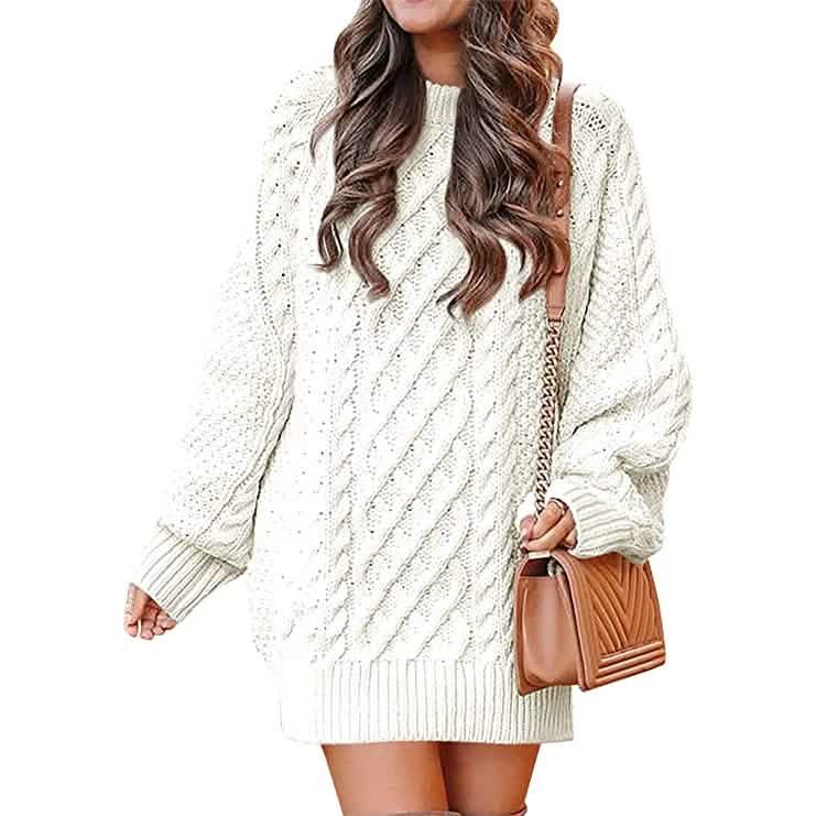 Women Crewneck Long Sleeve Oversized Cable Knit Chunky Pullover Short Sweater Dresses