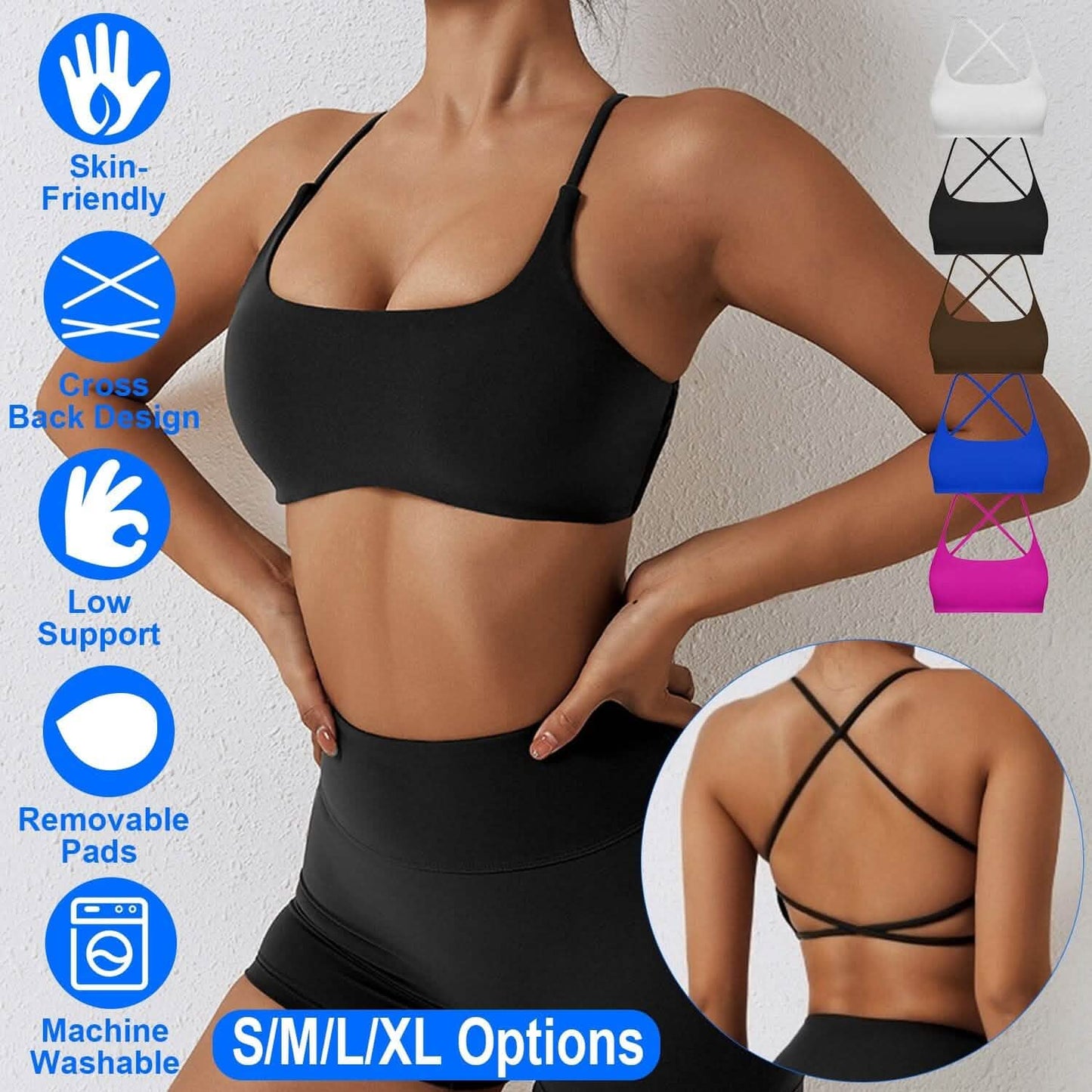 Women Cross Back Sport Bras Padded with Removable Pads Thin Straps