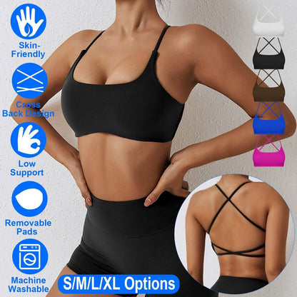 Women Cross Back Sport Bras Padded with Removable Pads Thin Straps