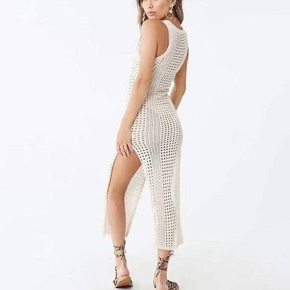 Women Hollow Out Sleeveless Bikini Swimsuit Side Split Long Beach Dresses