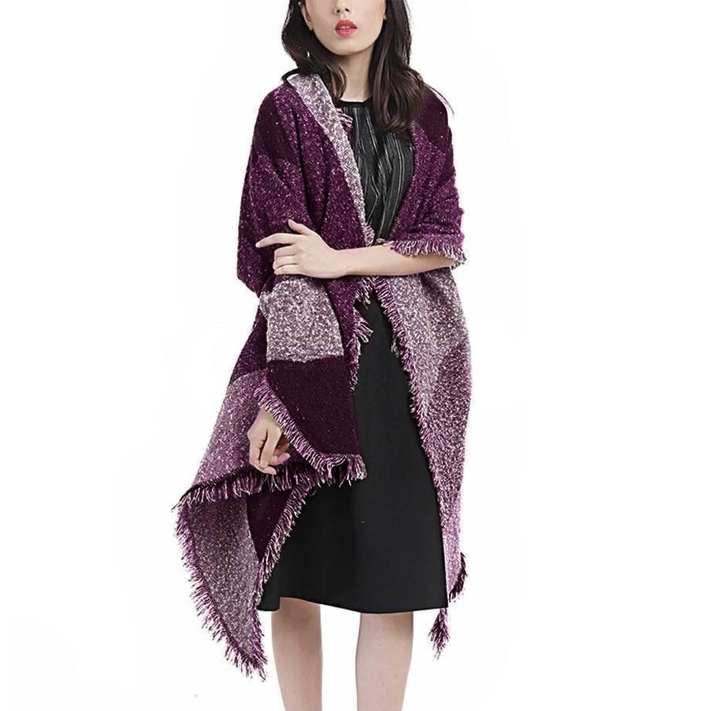 Women Long Soft Knitted Shawl Extra Thick Plaid Blanket Wrap Cape