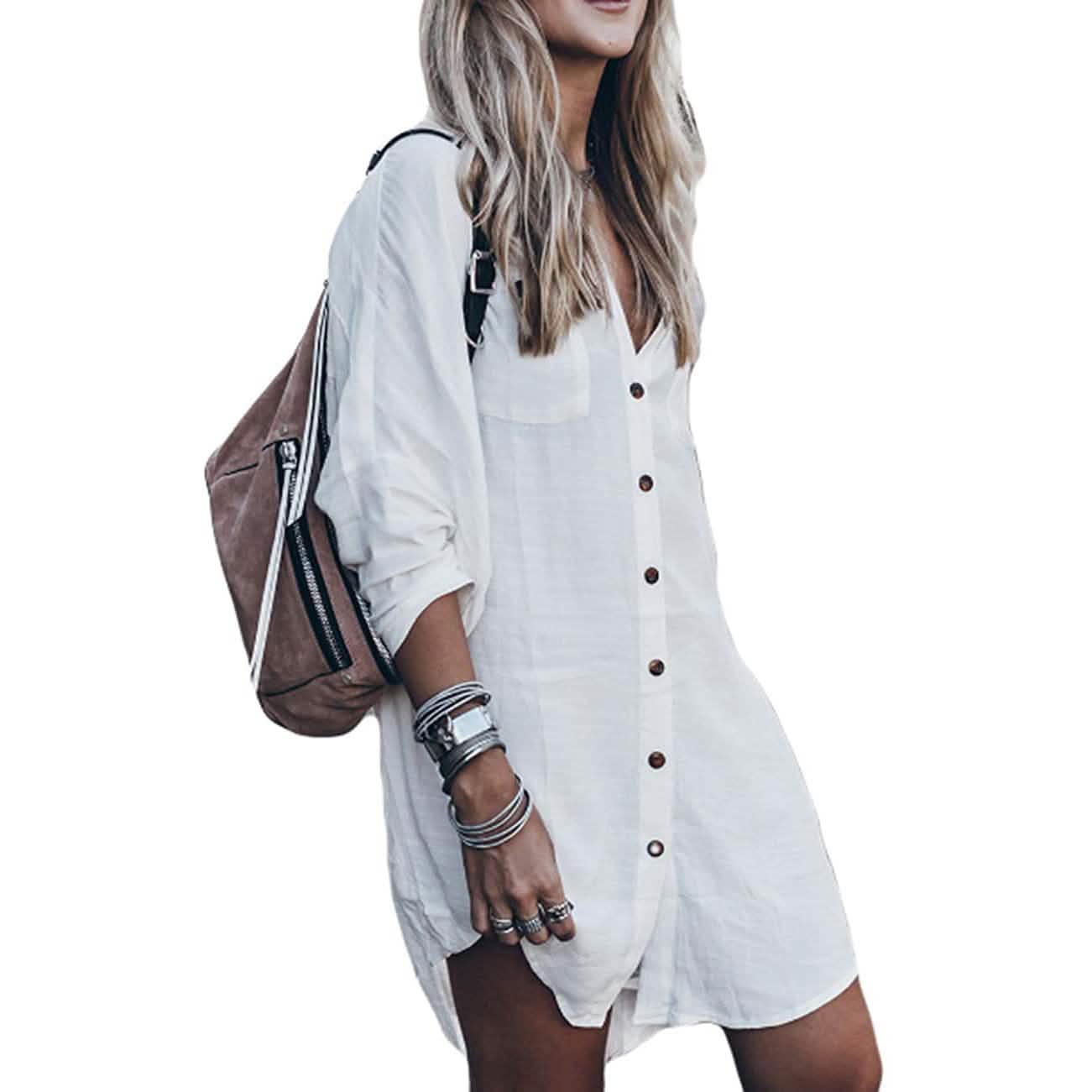 Women Loose Long Sleeve Swimsuit Cover Ups Button Down Beach Shirt