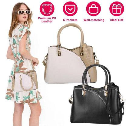 Women Medium Sized Leather Satchel Crossbody Bag with Stylish Stitching Detachable Strap