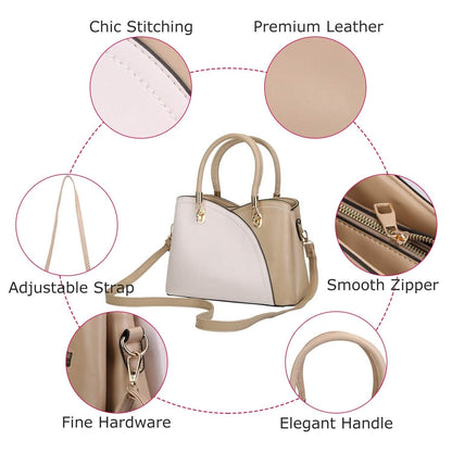 Women Medium Sized Leather Satchel Crossbody Bag with Stylish Stitching Detachable Strap