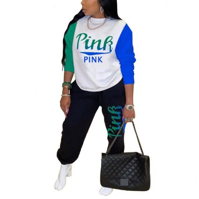 Women Pink Letter Print Long Sleeve Top and Pants Spring Streetwear