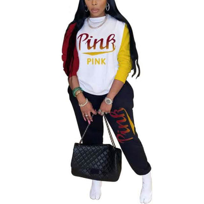 Women Pink Letter Print Long Sleeve Top and Pants Spring Streetwear
