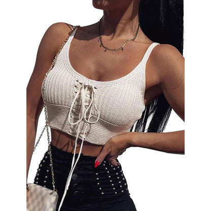Women Sleeveless Lace Up Knitted Cami Tank Top Sexy Loose Crop Tops Blouse