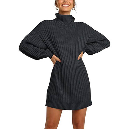 Women Turtleneck Long Lantern Sleeve Casual Loose Oversized Sweater Dress