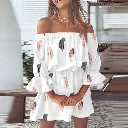 Women's 3/4 Length Sleeve Floral Ruffle Summer Spring Off Shoulder Dress