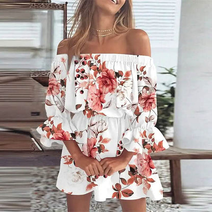 Women's 3/4 Length Sleeve Floral Ruffle Summer Spring Off Shoulder Dress