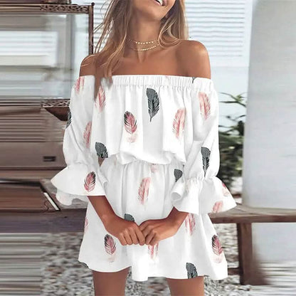 Women's 3/4 Length Sleeve Floral Ruffle Summer Spring Off Shoulder Dress