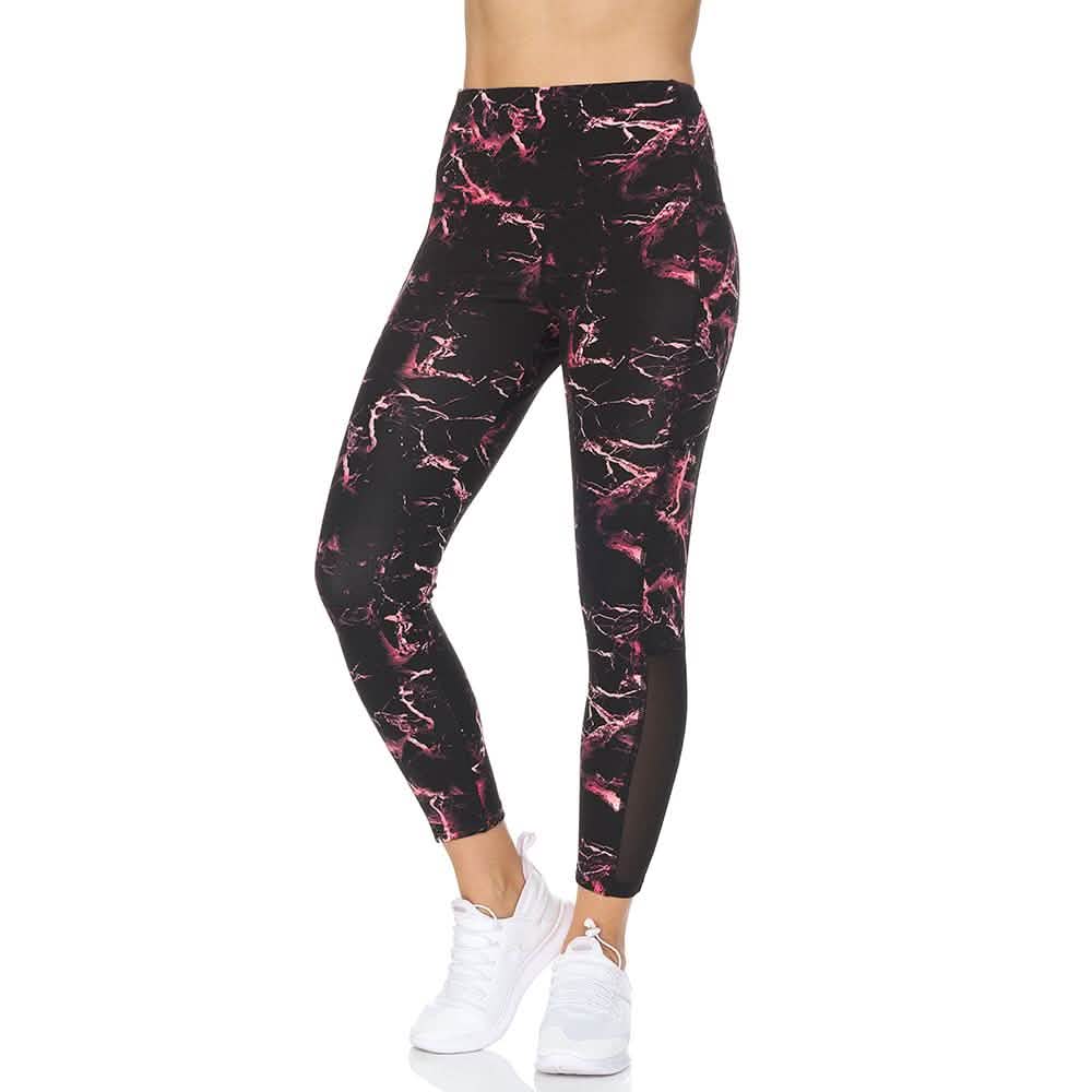Women's 7/8 Highwaist Marble Leggings with Sheer Mesh Panel and Pockets