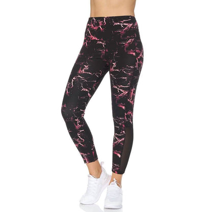 Women's 7/8 Highwaist Marble Leggings with Sheer Mesh Panel and Pockets